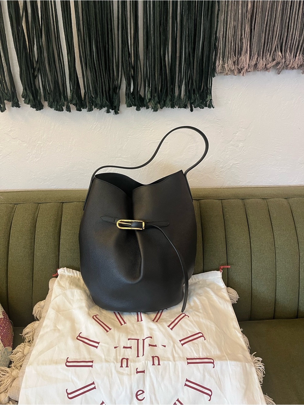 Liffner Large Belted Bucket Bag Black Leather
